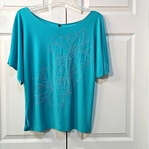 Bleeder & McDougal Teal Short Sleeve Blouse  Sequince Beaded Floral Design. XL